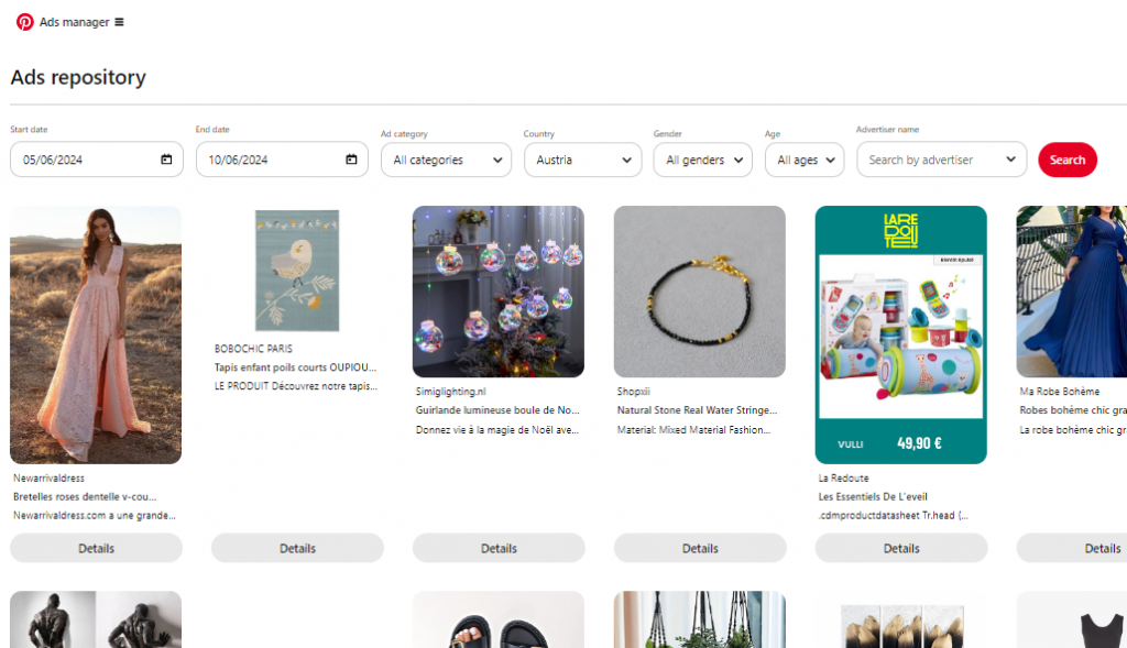 Pinterest Ad Library Offers Screen short
