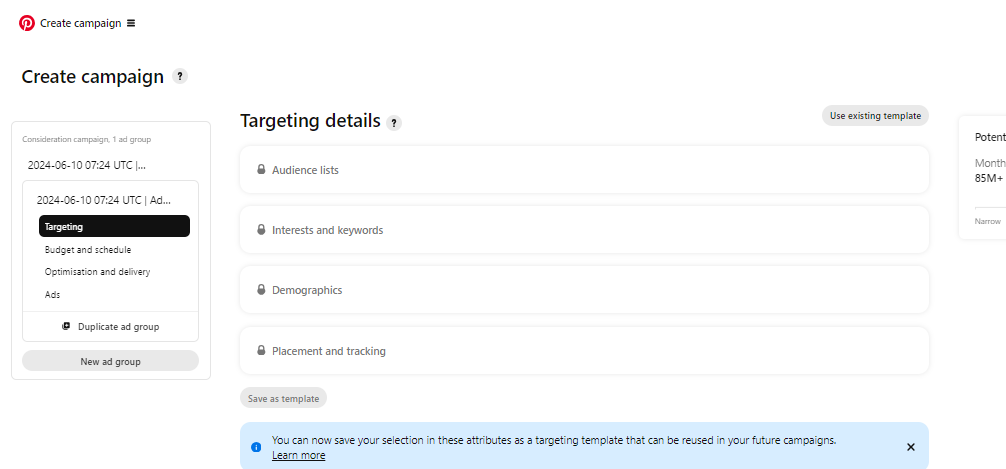 In Pinterest ads Choose Targeting Details Screen short