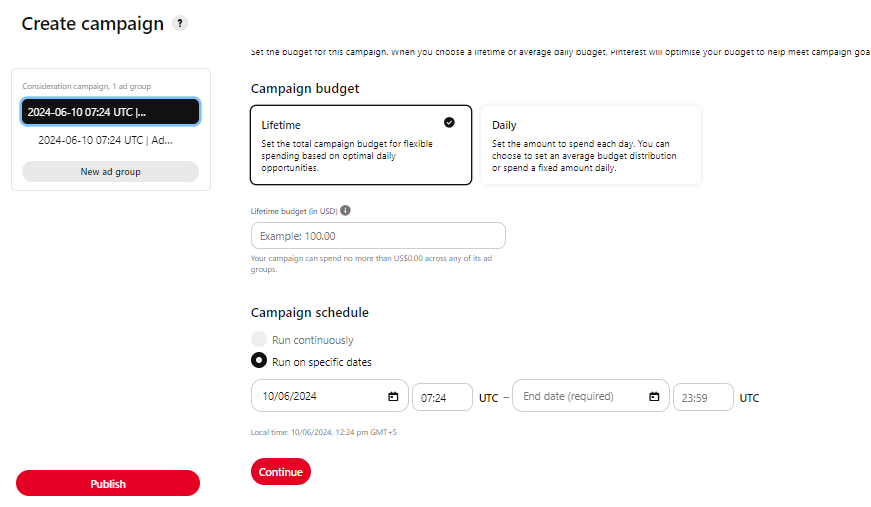 Pinterest ads Select a Daily Spend method Screen short