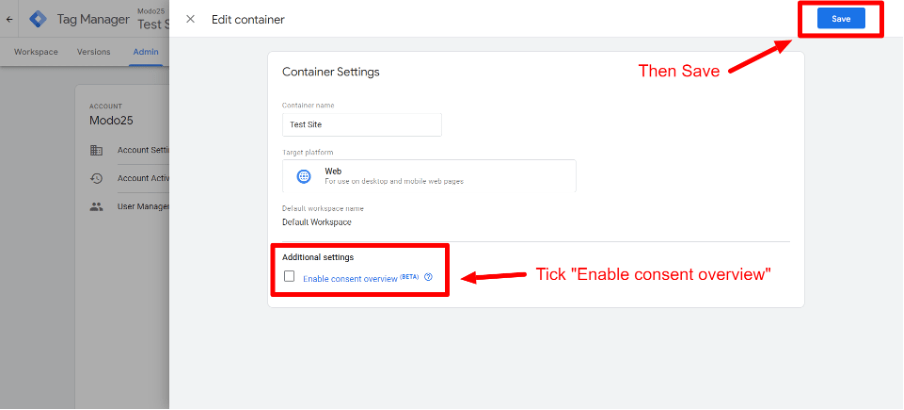 Consent Mode’ in ‘Container Settings